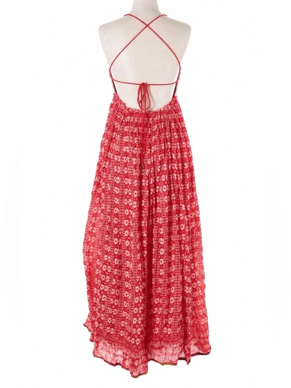 FREE PEOPLE Red White Beaded Embroidered Mirror Strappy Good Vibes Midi Maxi L